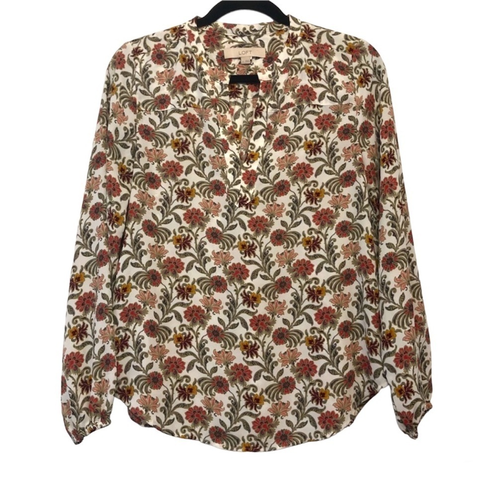 LOFT White Floral Long Sleeve Blouse